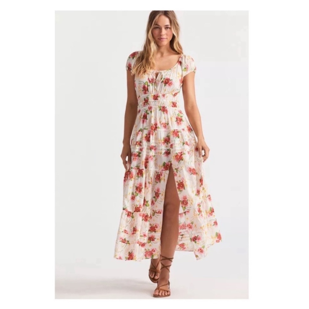 New! LoveShackFancy Magdalene Floral Ruffle Cotton Midi Dress in Pink Hibiscus - Picture 5 of 16